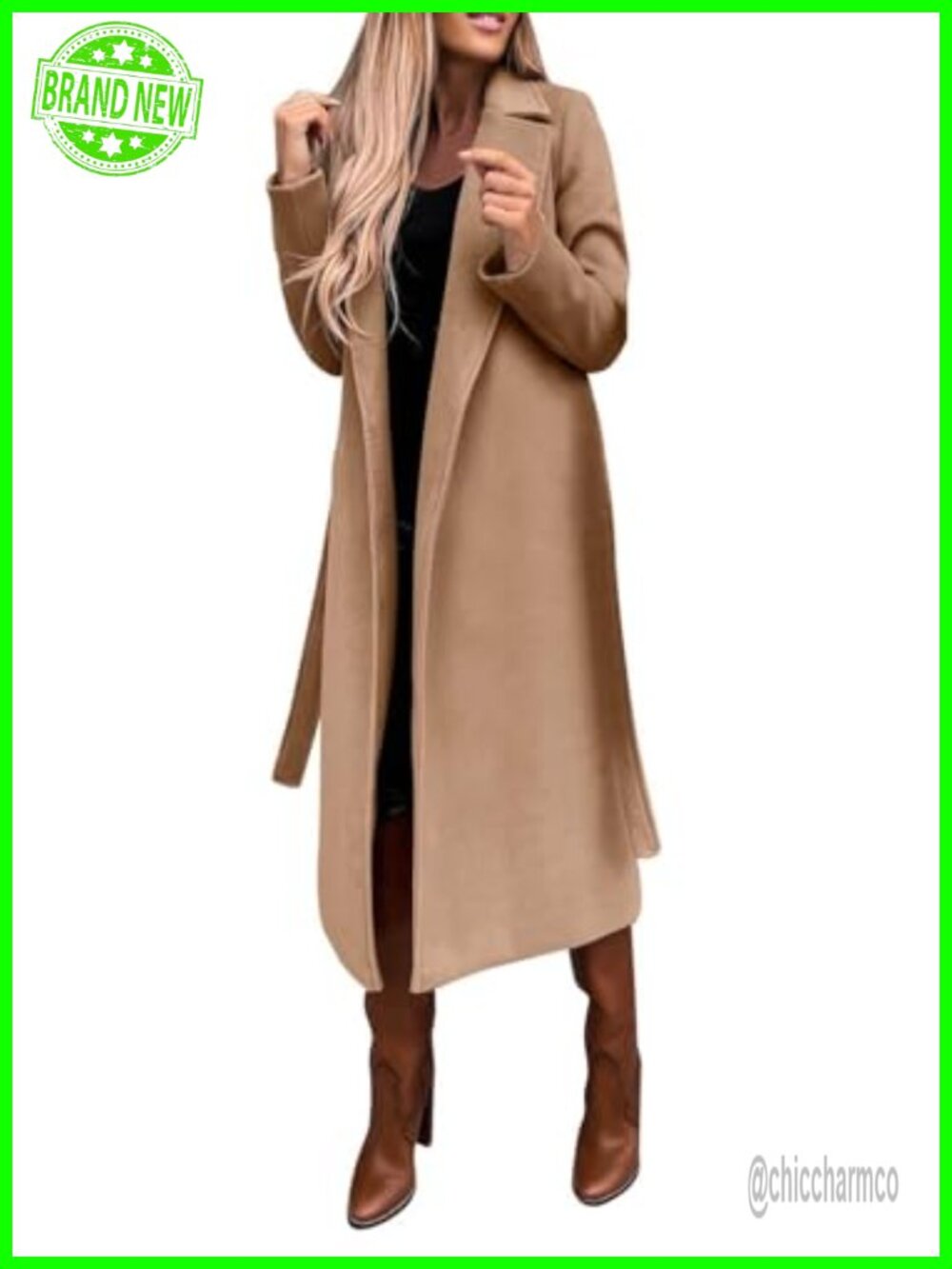 Wool Blend Long Pea Coat Notched Collar Open Front Trench Belted
